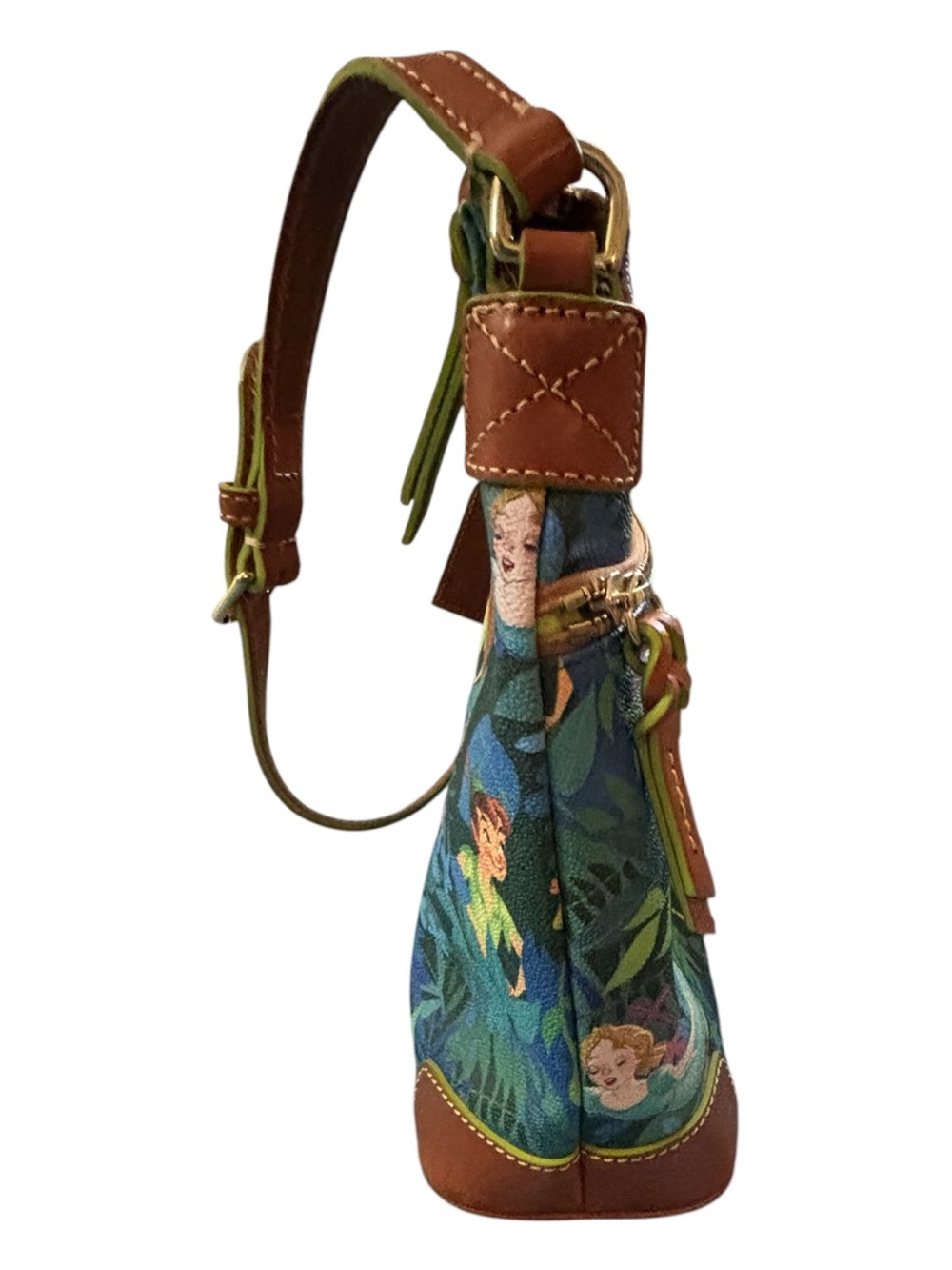 Dooney & Bourke Green Tinker Bell Print Shoulder Bag with Brown Trim - Picture 5 of 16